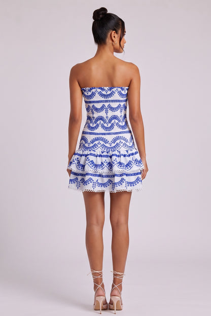 White Cotton Fit-and-Flare Mini Dress with Royal Blue Embroidery white cotton dress - product view 5