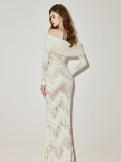 julia Off-Shoulder Fur Collar Long Sleeve lace maxi dress in white
