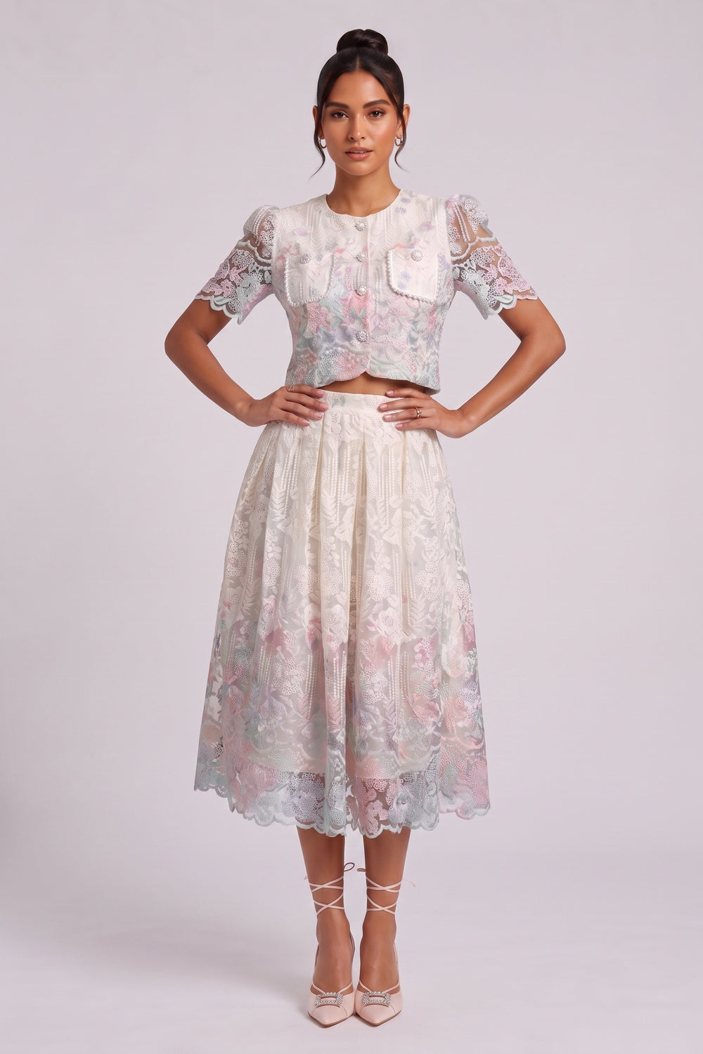 Floral Lace Two-Piece Set — Cropped Jacket & Midi Skirt Premium Fabric - product view 3