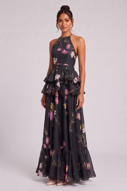 Black Chiffon A-Line Tiered Peplum Floor-Length Gown black chiffon gown - product view 2