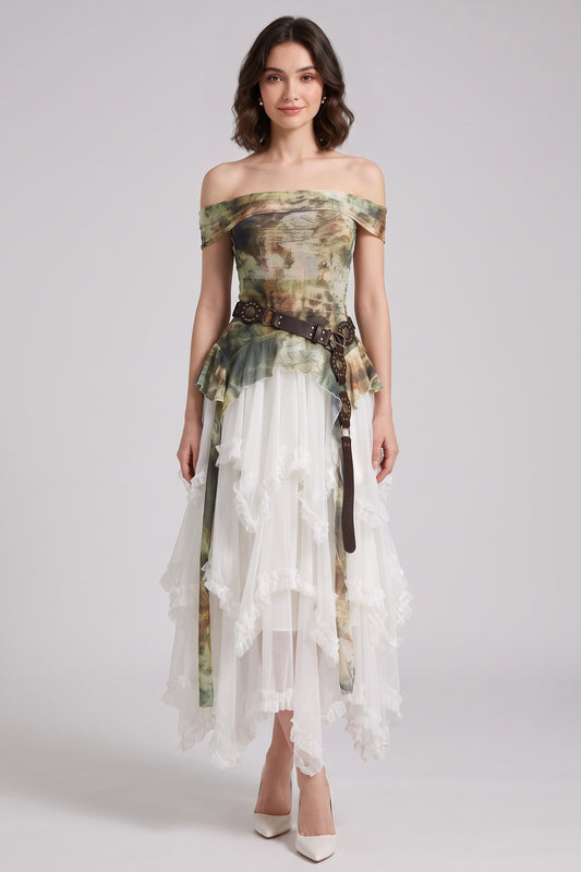 Olive Green Abstract Watercolor Print A-Line Off-The-Shoulder Dress with Layered Ruffled Skirt olive green, brown, cream, white printed mesh or lightweight jersey dress - product view 1