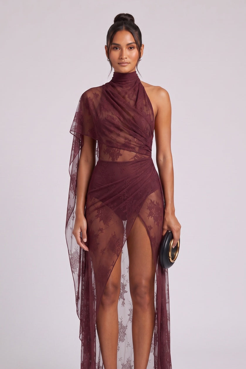 burgundy sheer floral lace asymmetrical column with bodysuit base evening gown burgundy sheer floral lace evening gown - product view 3