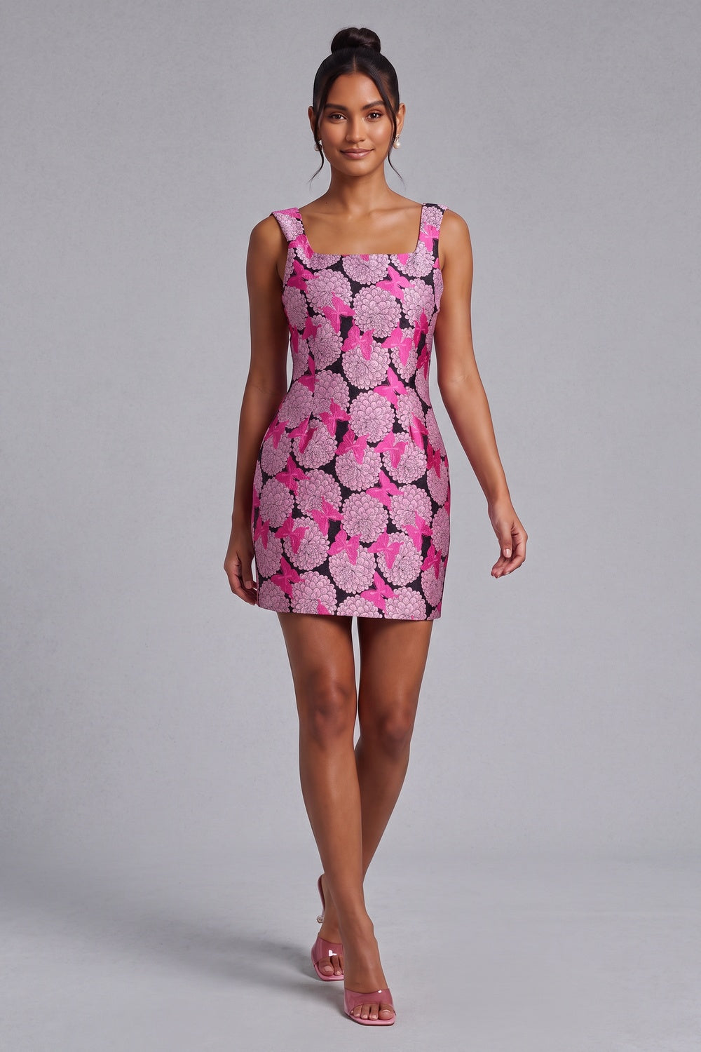 Premium Fabric Floral Mini Dress - Square Neck Premium Fabric - product view 4