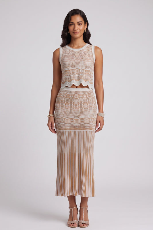 Beige Pointelle Knit Fitted Column Two-Piece Set beige, tan pointelle knit two-piece set - product view 1