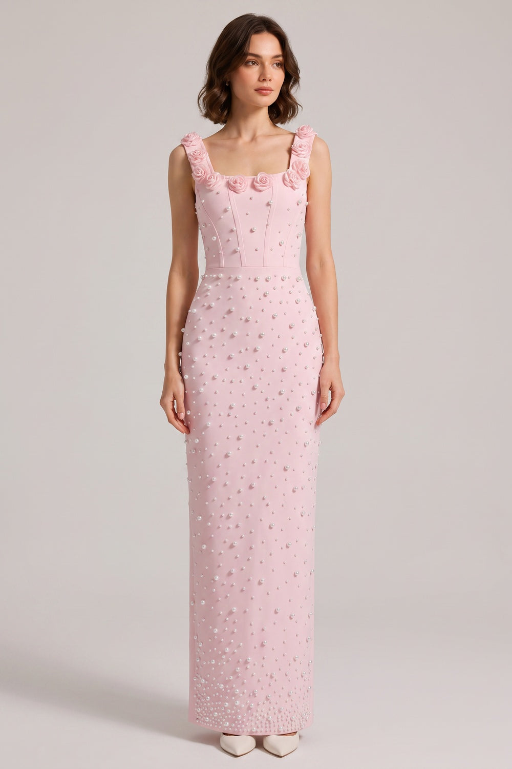 Pink 3D Rose Strap All Over Pearl Beaded Mermaid Maxi Gown