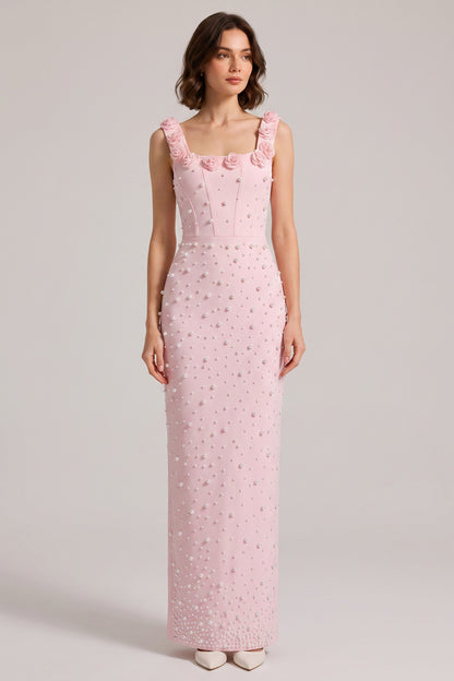Pink 3D Rose Strap All Over Pearl Beaded Mermaid Maxi Gown