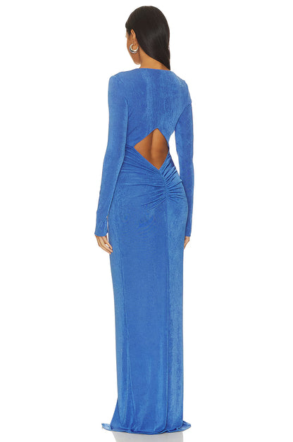 virginia blue pleated long sleeve high slit maxi dress