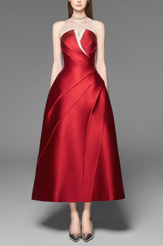 Almira Strapless Pleated Chest Taffeta Midi Dress