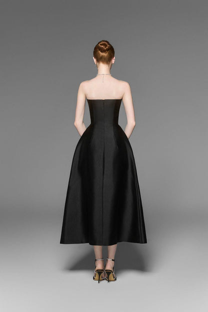 Almira Strapless Pleated Chest Taffeta Midi Dress