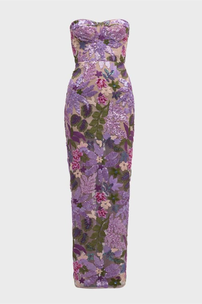 AURORA FLORAL-EMBROIDERED STRAPLESS MAXI DRESS