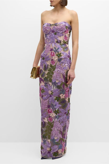 AURORA FLORAL-EMBROIDERED STRAPLESS MAXI DRESS