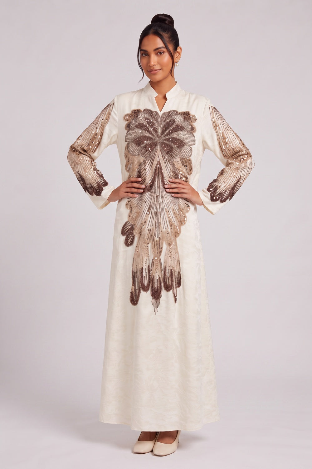 Cream Textured crepe or raw silk A-line Kaftan dress Cream Textured crepe or raw silk Kaftan dress - product view 2