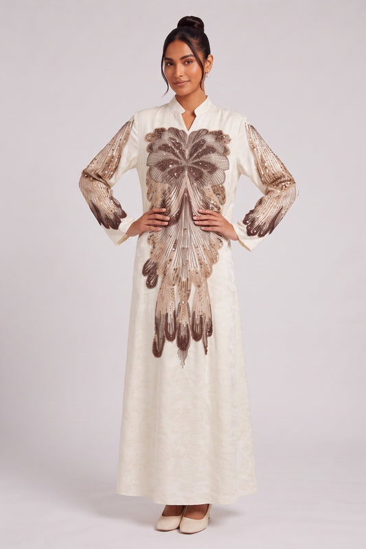 Cream Textured crepe or raw silk A-line Kaftan dress Cream Textured crepe or raw silk Kaftan dress - product view 2