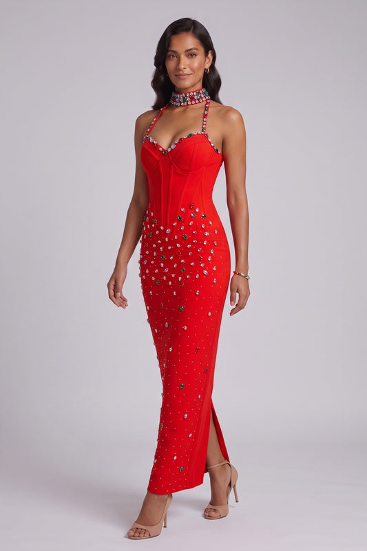 Red Crepe Sheath Dress with Embellished Halter Neck red crepe dress - product view 3