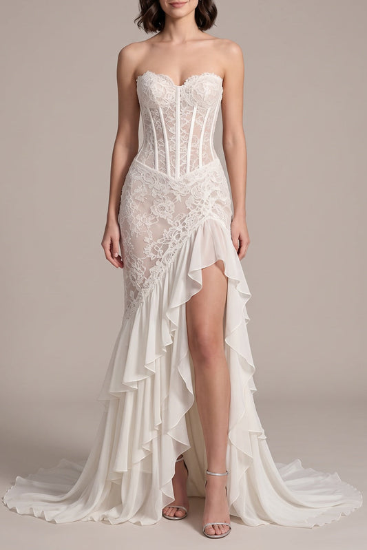 Ivory Floral Lace Mermaid Gown with Asymmetrical Ruffled Skirt ivory floral lace gown - product view 1