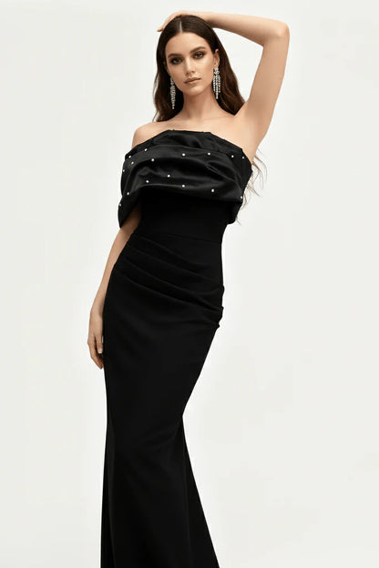 rosemary Black Pearl Embellished Draped strapless maxi dress