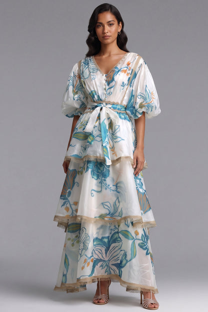 White Semi-Sheer Organza or Lightweight Silk A-Line Tiered Maxi Dress white, off-white semi-sheer organza or lightweight silk tiered maxi dress - product view 1