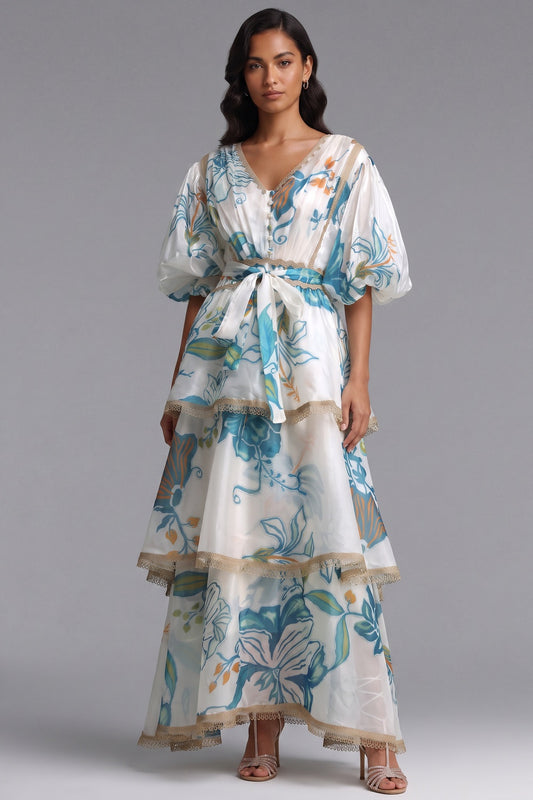 White Semi-Sheer Organza or Lightweight Silk A-Line Tiered Maxi Dress white, off-white semi-sheer organza or lightweight silk tiered maxi dress - product view 1