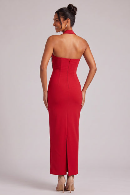 Red Halter Maxi Dress with Silver Floral Embellishment Premium Fabric - product view 3