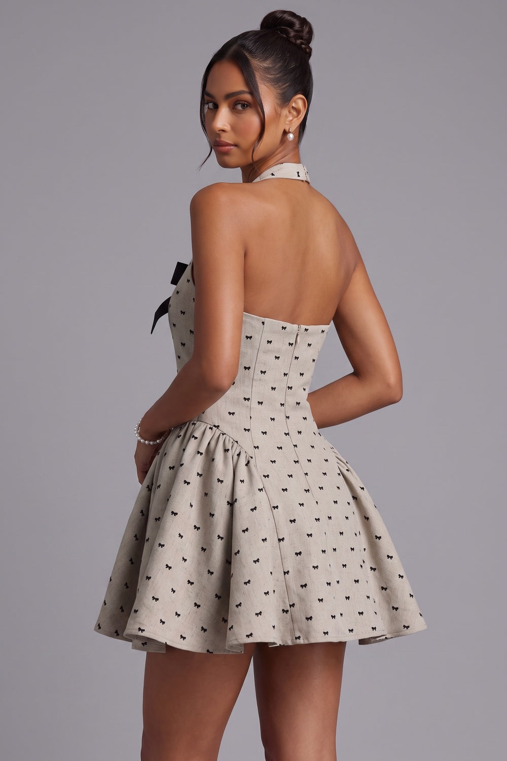 Halter Neck Mini Dress with Bow Print Premium Fabric - product view 3