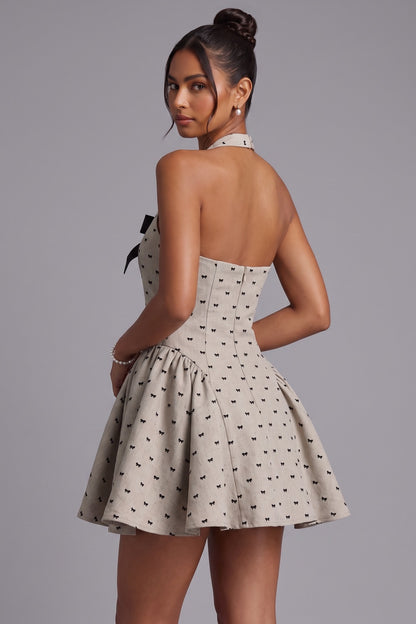 Halter Neck Mini Dress with Bow Print Premium Fabric - product view 3