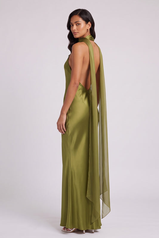 olive green satin column evening gown olive green satin evening gown - product view 2