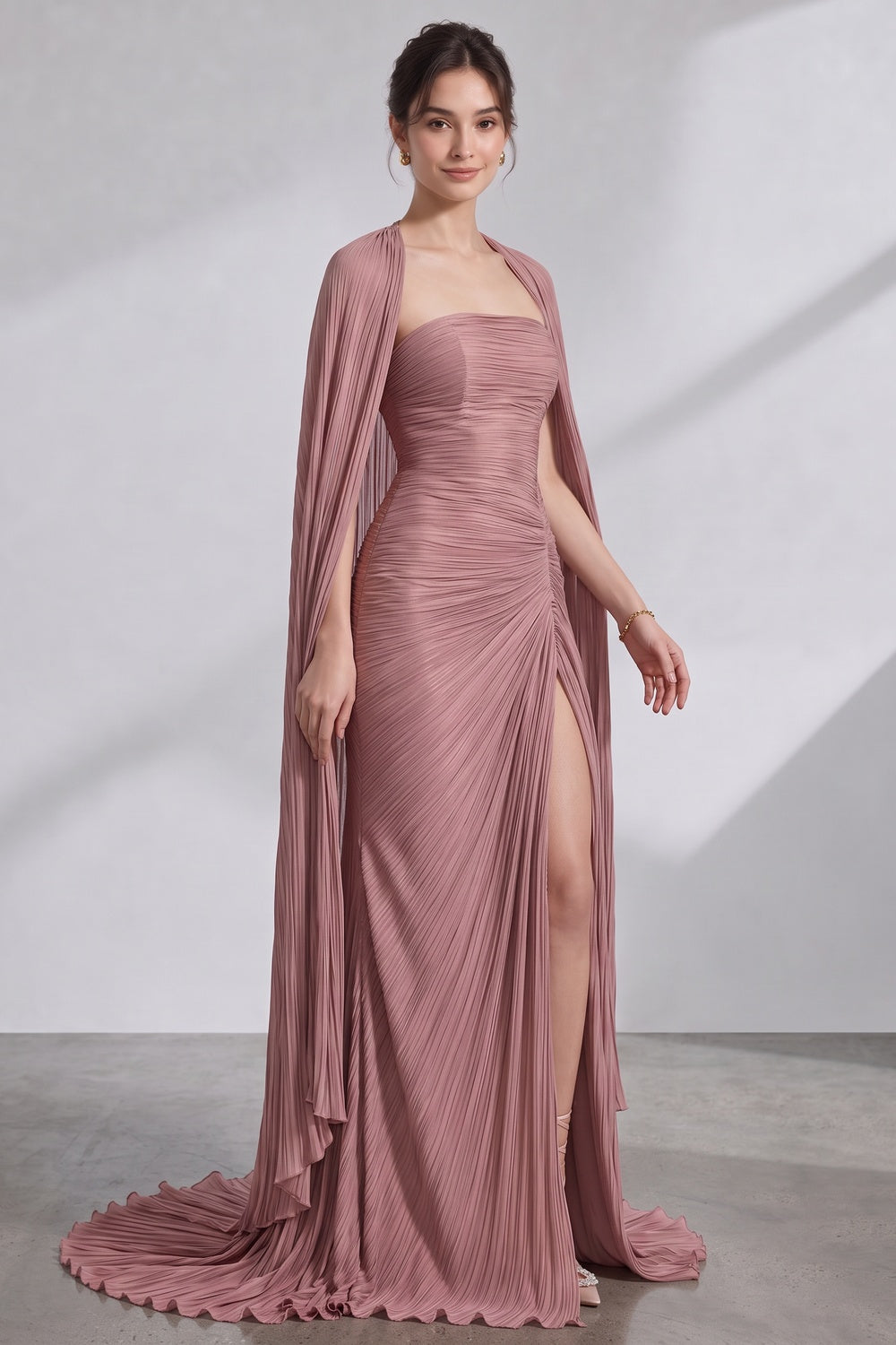 Dusty Rose Plissé Chiffon Strapless Gown with Draped Cape and Train dusty rose plissé chiffon strapless gown with matching draped cape - product view 4
