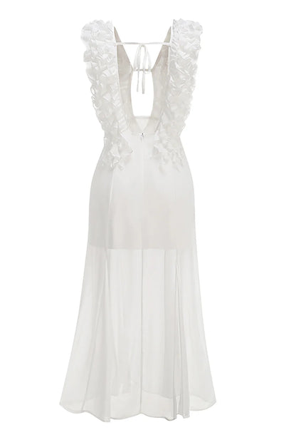 charlotte Pleat Ruffle Maxi Dress in white