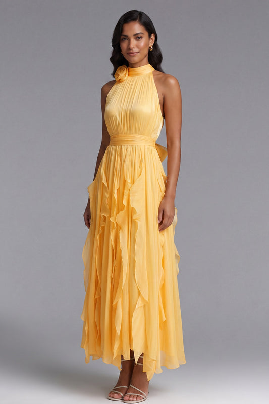 Yellow Chiffon A-Line Halter Maxi Dress yellow chiffon dress - product view 1