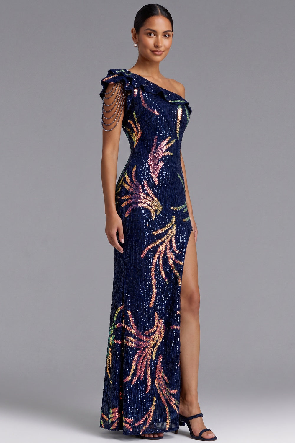 Navy Blue One-Shoulder Sequin Maxi Gown Premium Fabric - product view 5