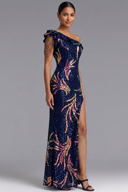 Navy Blue One-Shoulder Sequin Maxi Gown Premium Fabric - product view 5