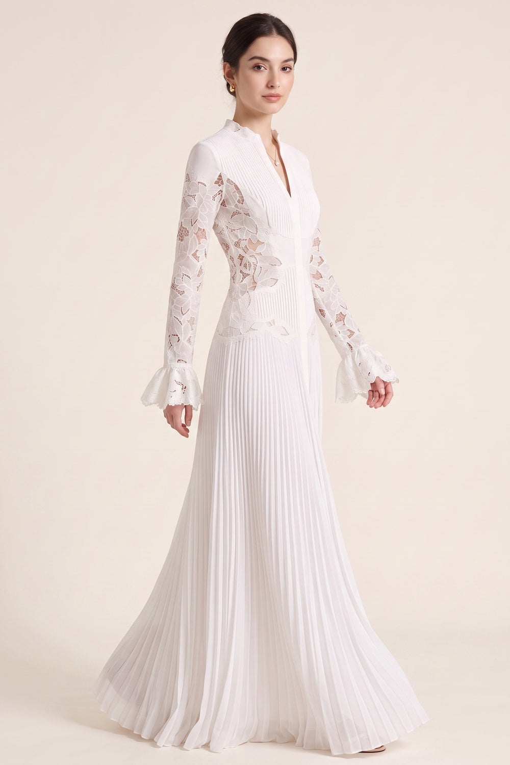 White Pleated Georgette A-Line Gown with Floral Lace white pleated georgette gown - product view 2