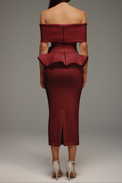 Eleanore Off The Shoulder  Ruffled Edge Red Midi Dress