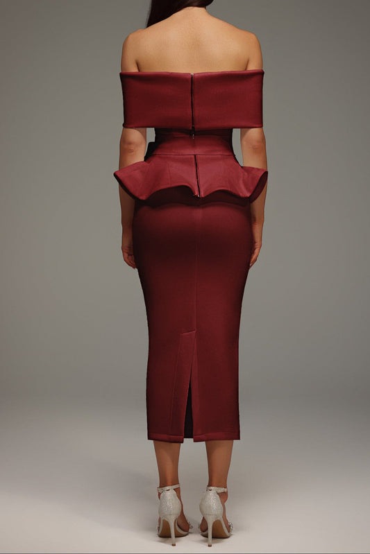 Eleanore Off The Shoulder  Ruffled Edge Red Midi Dress