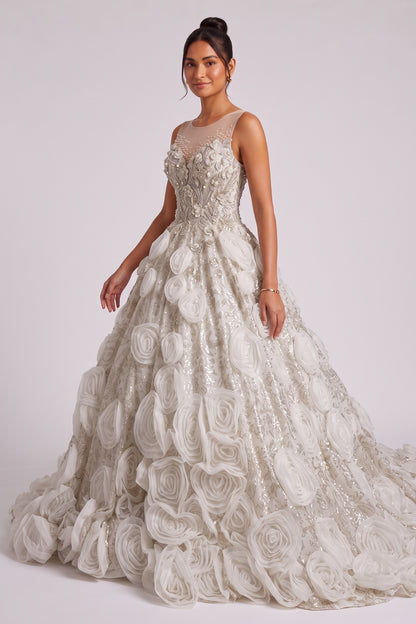 Champagne Organza Ballgown Gown with 3D Floral Rosettes champagne, ivory organza gown - product view 4