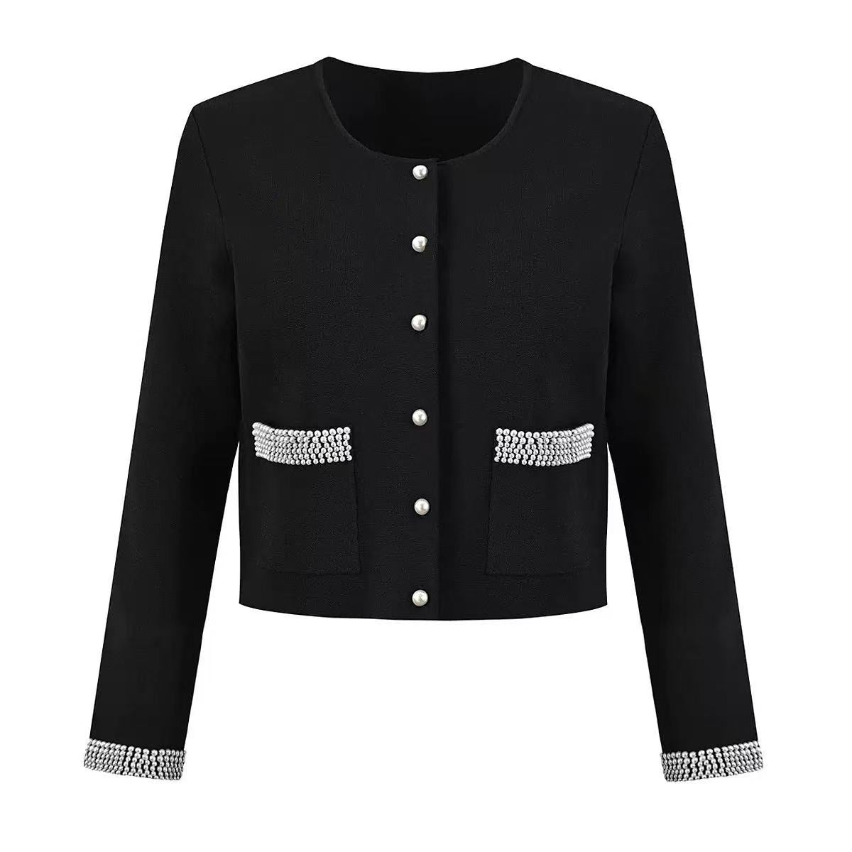 Black Fine-Gauge Knit Two-Piece Set with Metallic Trim