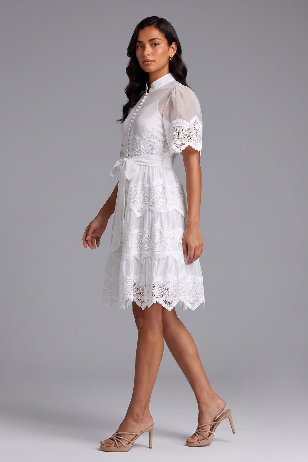 White Mandarin Collar Puff Sleeve Tiered Lace Midi Dress with Waist Sash