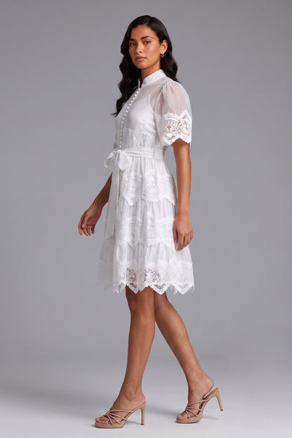 White Mandarin Collar Puff Sleeve Tiered Lace Midi Dress with Waist Sash
