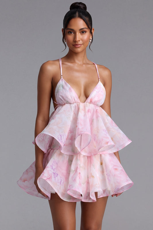 Light Pink Organza Floral A-Line Babydoll Mini Dress light pink organza dress - product view 1