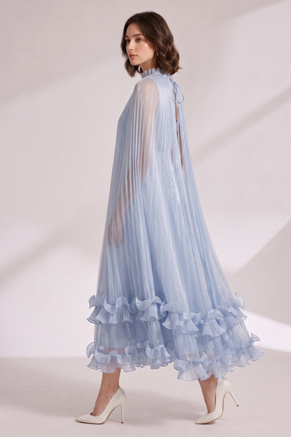 Light Blue Pleated Cape Dress with Tiered Ruffle Hem Premium Fabric - product view 2
