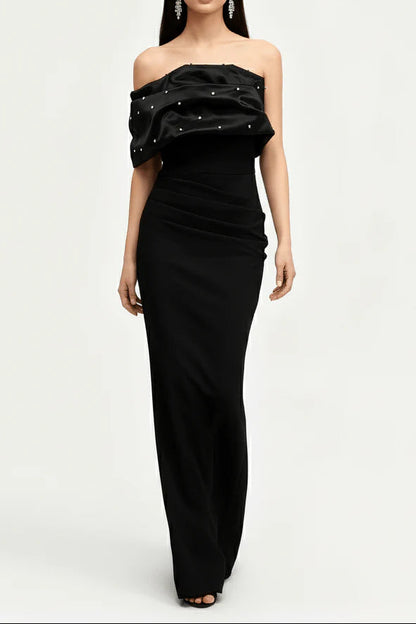 rosemary Black Pearl Embellished Draped strapless maxi dress
