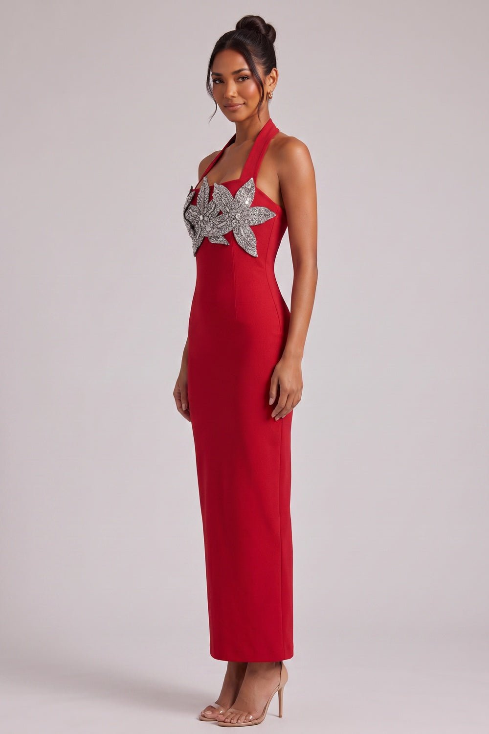 Red Halter Maxi Dress with Silver Floral Embellishment Premium Fabric - product view 4