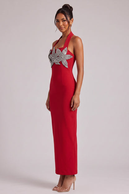 Red Halter Maxi Dress with Silver Floral Embellishment Premium Fabric - product view 4