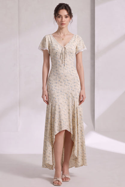 Cream Ditsy Floral Maxi Dress with Fitted Bodice and Flared Paneled Skirt cream, pale yellow lightweight woven fabric, likely rayon or cotton blend dress - product view 2