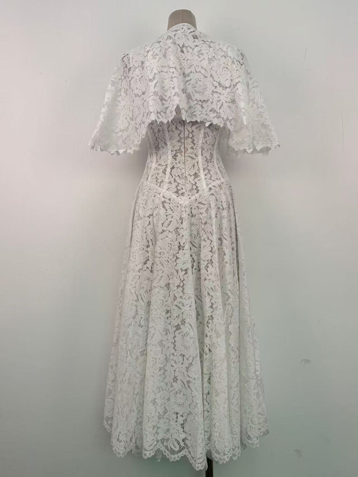 White Floral Lace A-Line Midi Dress with Keyhole Neckline
