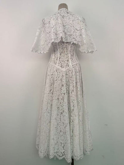 White Floral Lace A-Line Midi Dress with Keyhole Neckline