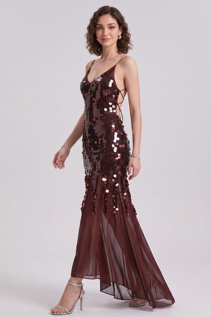 Burgundy Sequined Mesh Sheath with Flared Sheer Lower Skirt Evening Dress burgundy sequined mesh evening dress - product view 4