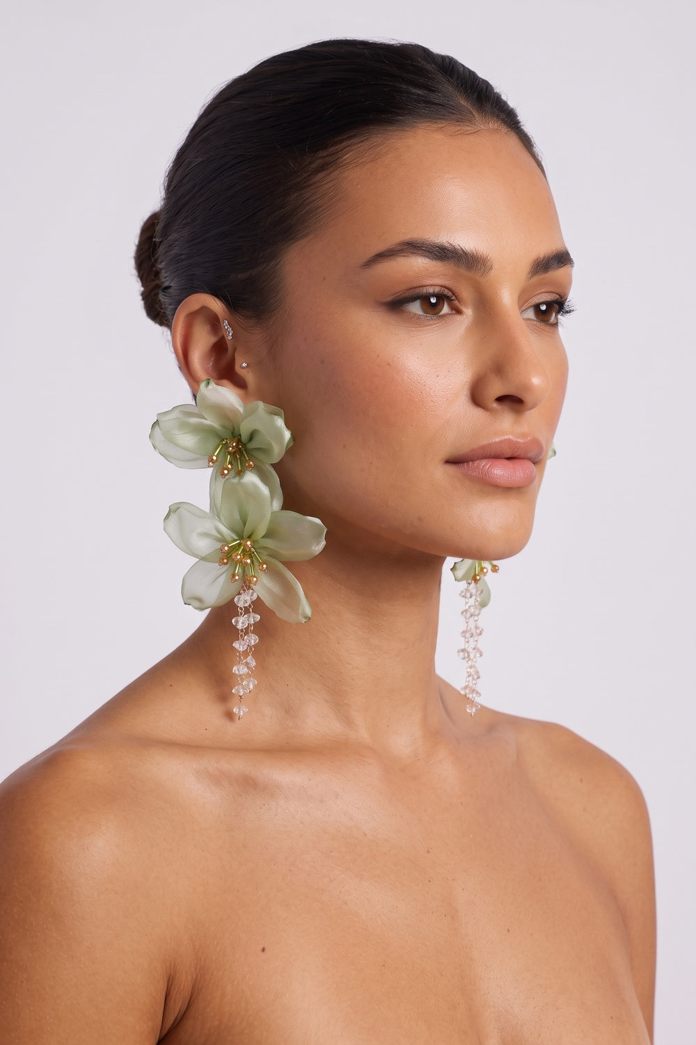 Light Green Organza Floral Crystal Tassel Drop Earrings