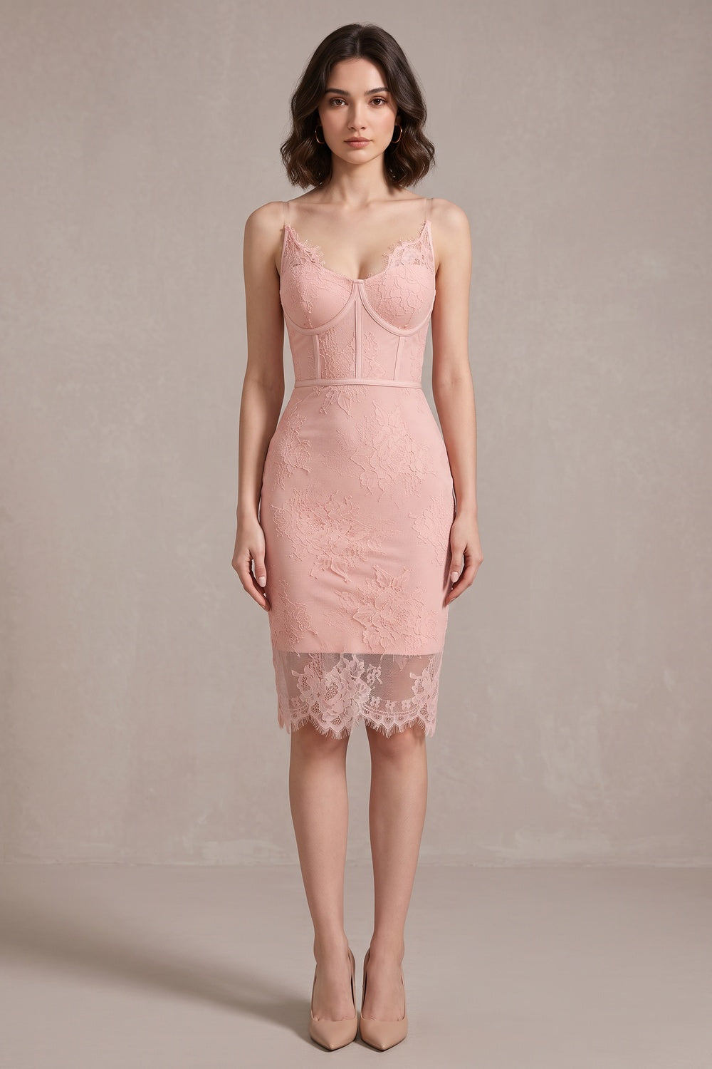 Light Pink Floral Lace Bodycon Dress light pink floral lace dress - product view 1