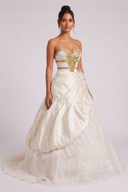 Cream Satin Ballgown Gown with Rhinestone Bodice and Feather Trim cream, ivory satin gown - product view 2
